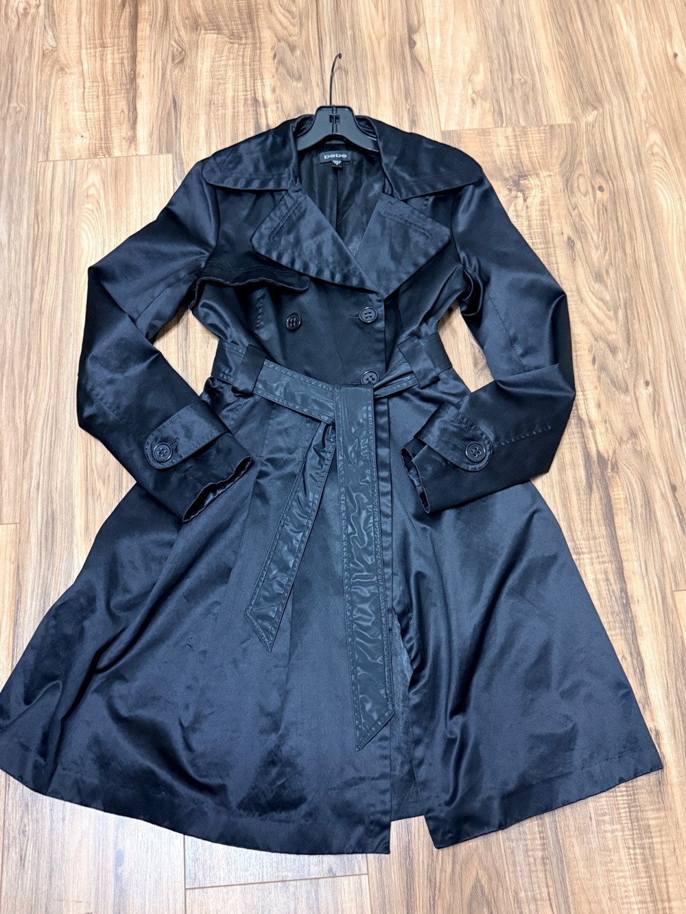 Bebe Y2K Women's Trench Coat Vintage Belted Flared Black sz M - Picture 2 of 9